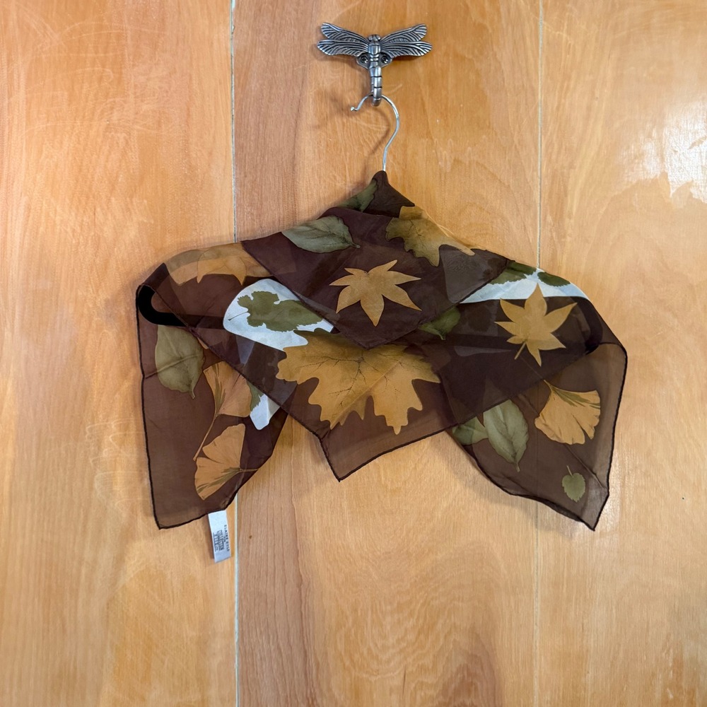 Elaine Gold Collection XIIX Silk Scarf Brown Botanical Autumn Leaf Print 21x20 - Picture 10 of 11